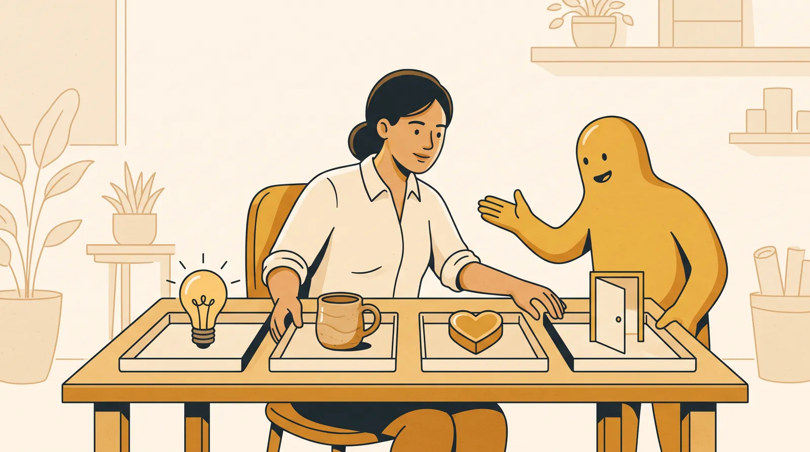 Small-business owner organizing four social media content themes on a workshop table