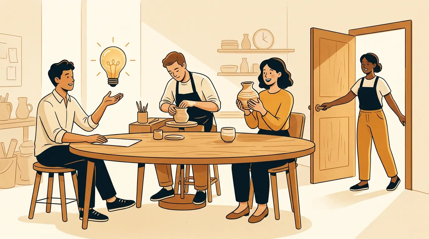Four connected content pillar scenes showing education, process, customer proof, and action