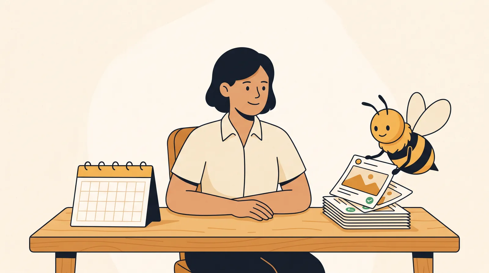 A small business owner reviewing a simple calendar beside a friendly bee-like assistant arranging a stack of approved social media post cards.