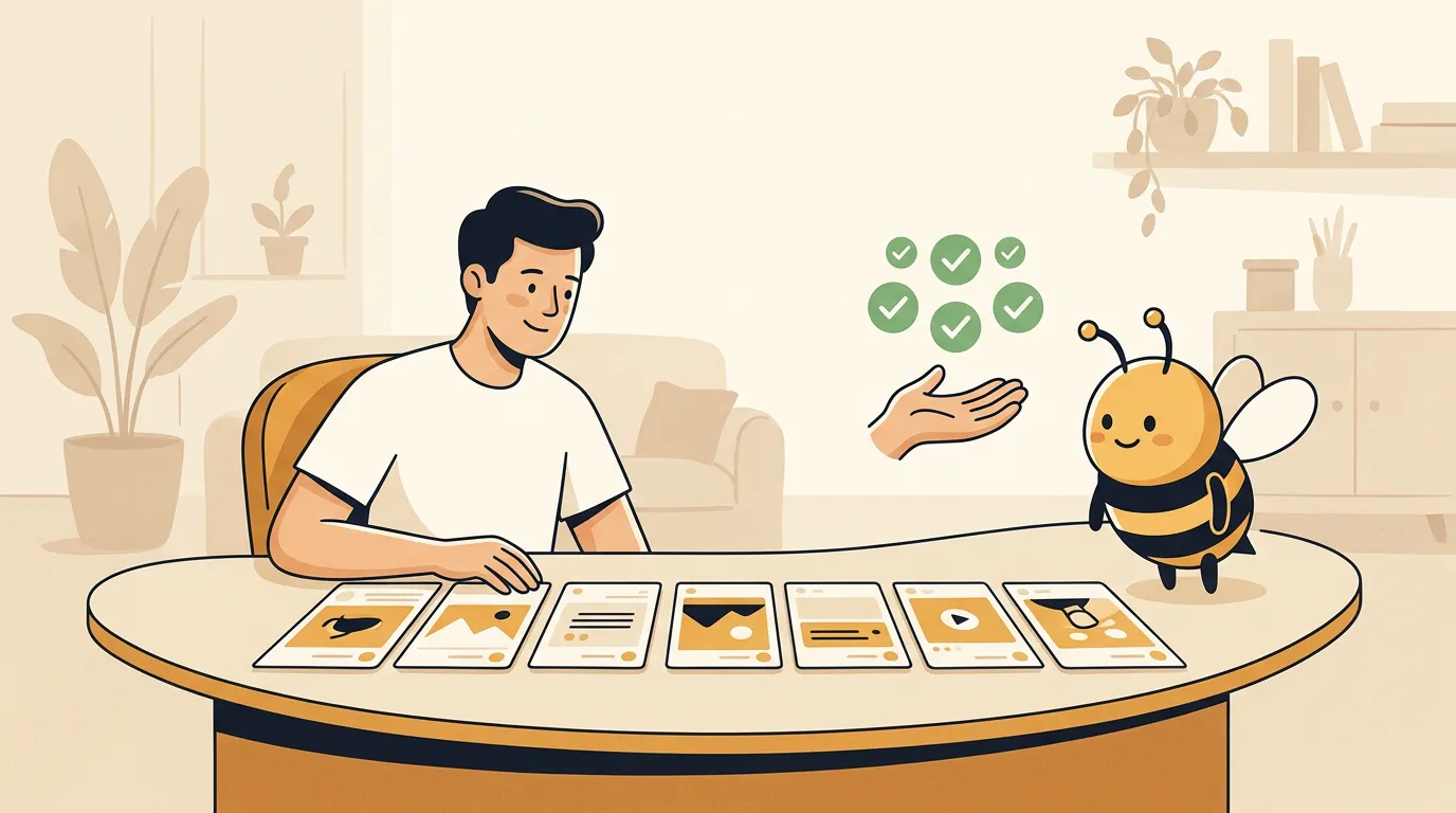A small business owner reviewing approved social post cards while a friendly bee-like assistant waits for human approval.