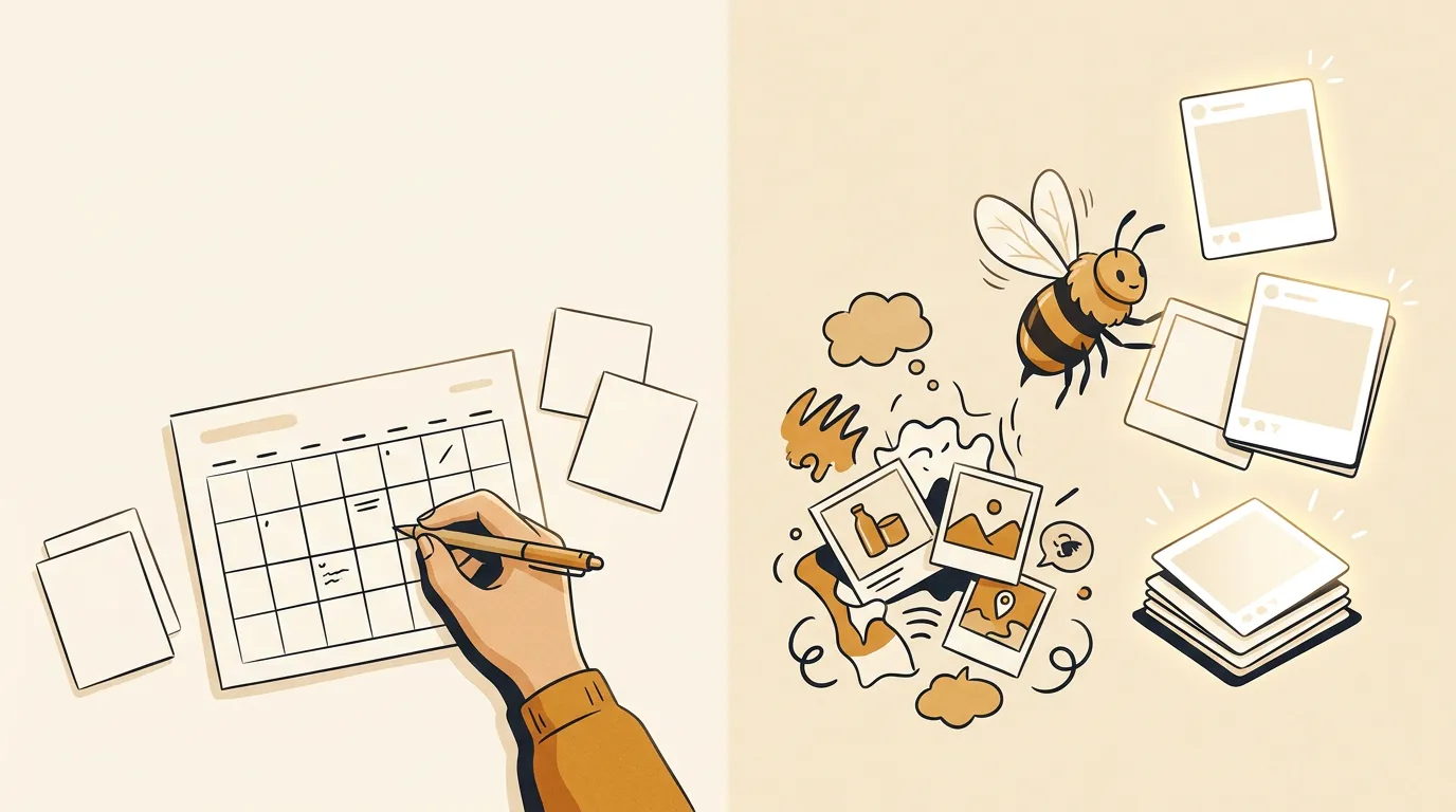 A simple calendar beside an autonomous bee-like helper turning raw ideas into polished social media post cards.
