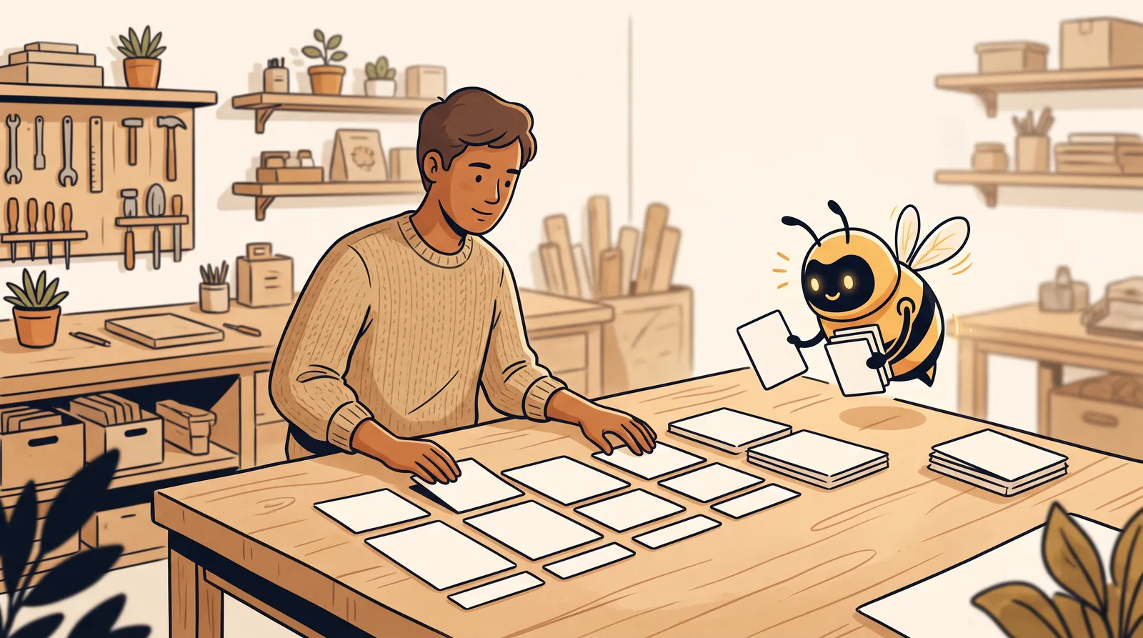 Warm workshop illustration of a small-business owner arranging a weekly social media posting plan with a friendly bee-like helper.