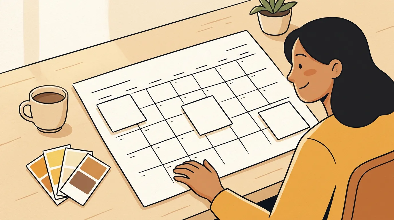 A small-business owner reviews a simple weekly content rhythm on blank cards.