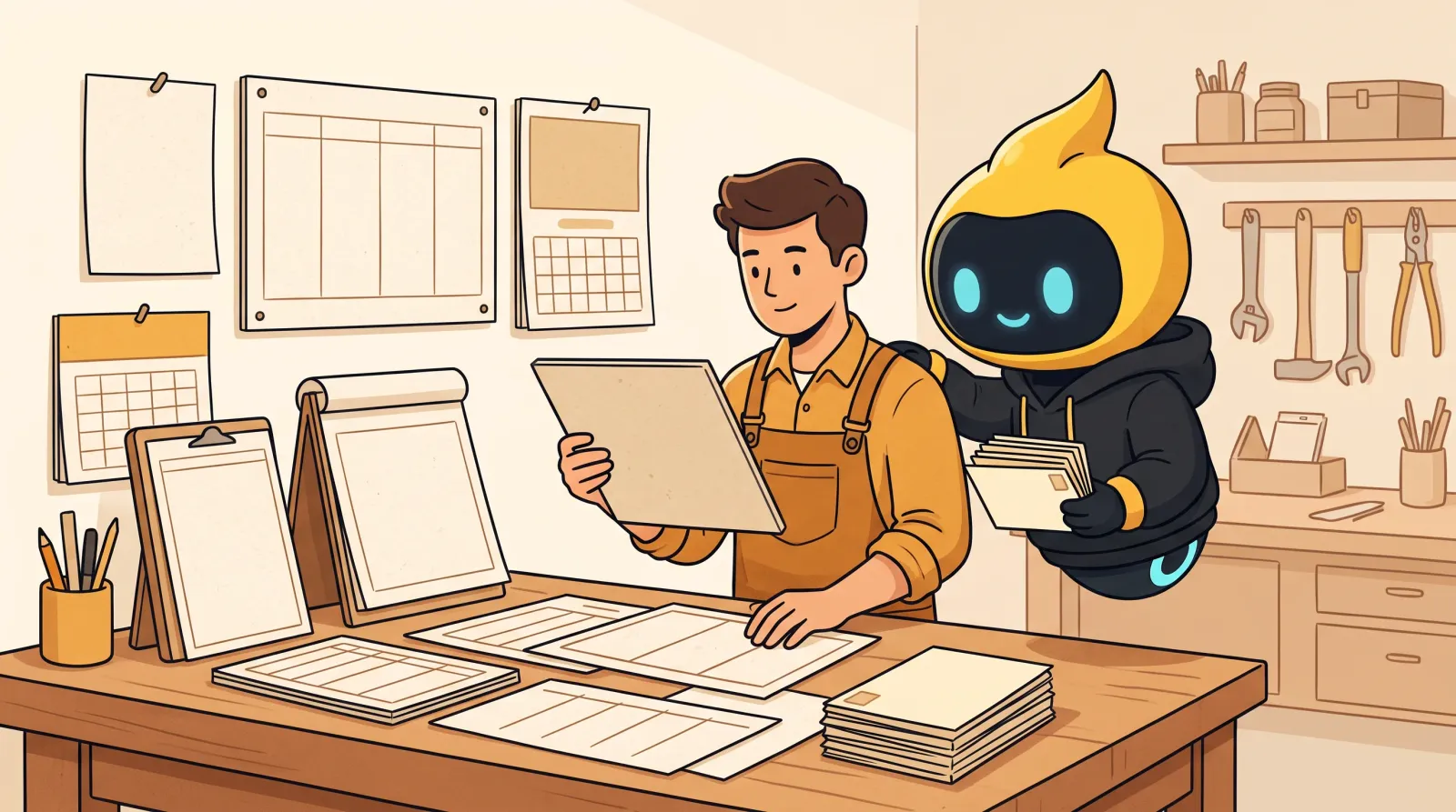 Illustration of a small-business owner at a wooden workshop bench comparing several blank planning boards and calendars while a friendly bee-like helper holds a stack of post cards