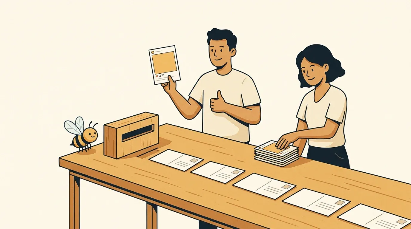 Two teammates at a long wooden table approve paper post cards before they go into a wooden mail slot, while a small bee waits nearby