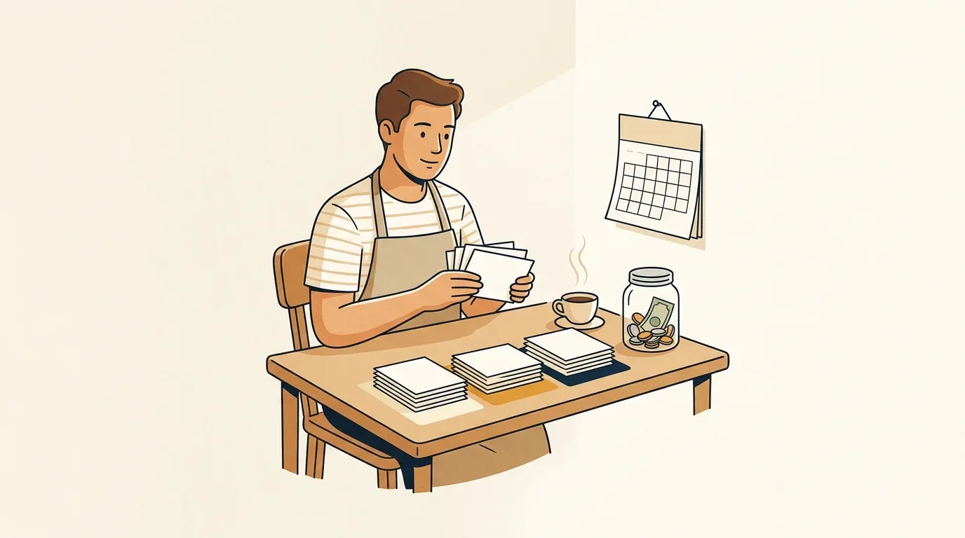 A cafe owner at a small table sorts blank post cards into three piles next to a coffee cup, a jar of coins and a paper wall calendar