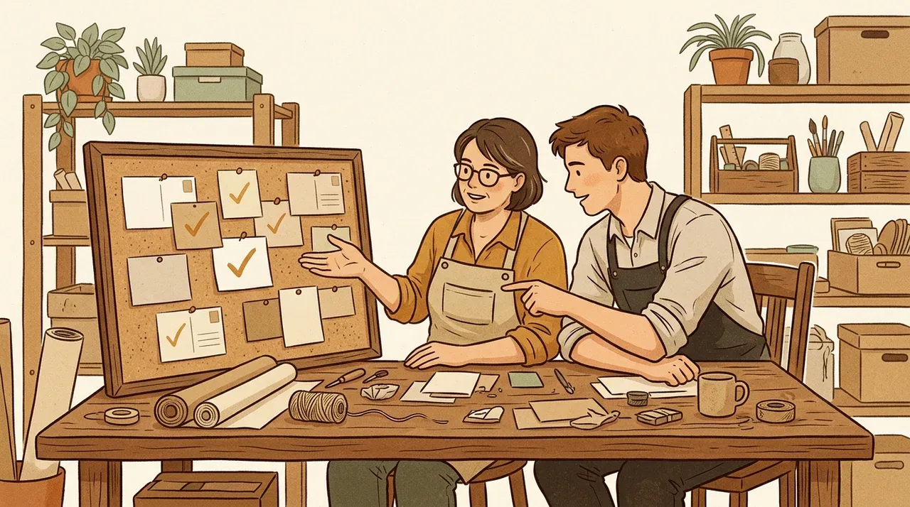 Illustration of a shop owner and a helper at one table, reviewing a board of post cards with some checked off