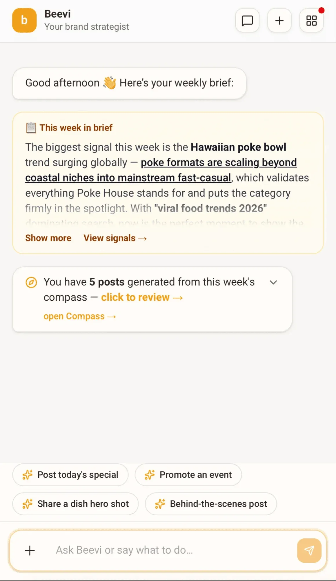Beevi weekly brief on a phone, summing up the week's trend for a food brand and noting 5 new posts ready to review
