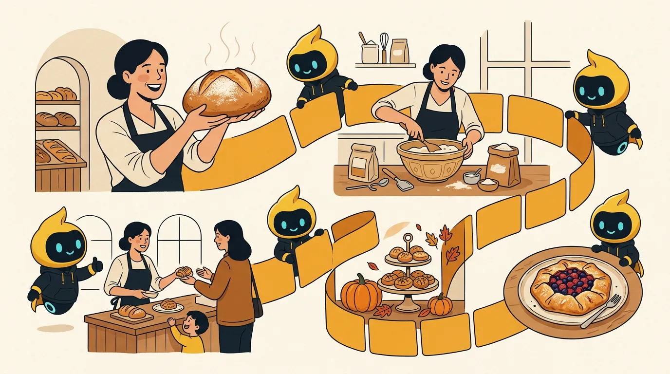 A bakery campaign unfolding as connected scenes across a month-long content sequence