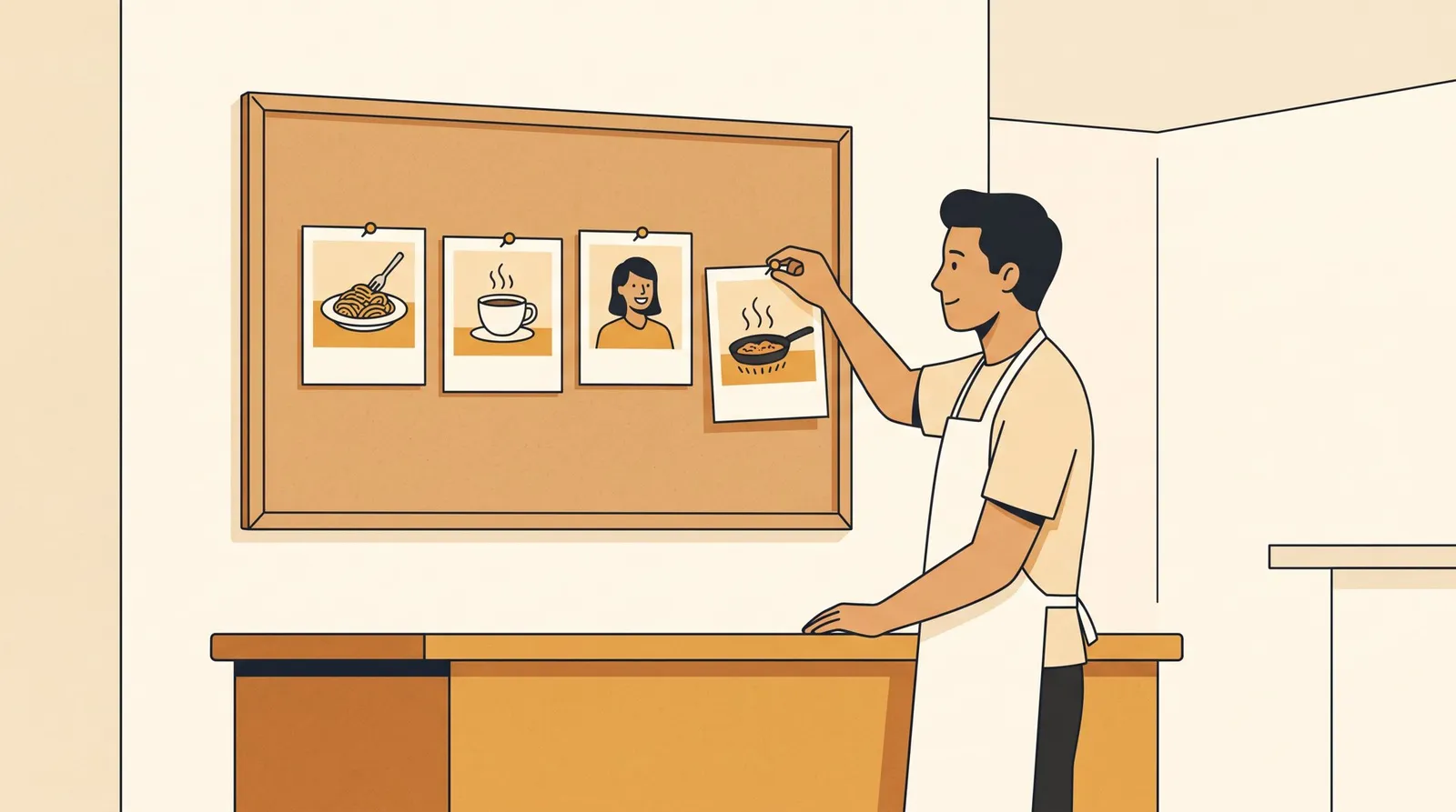 A restaurant owner pins photos of dishes, a coffee and a smiling guest in a row on a cork board