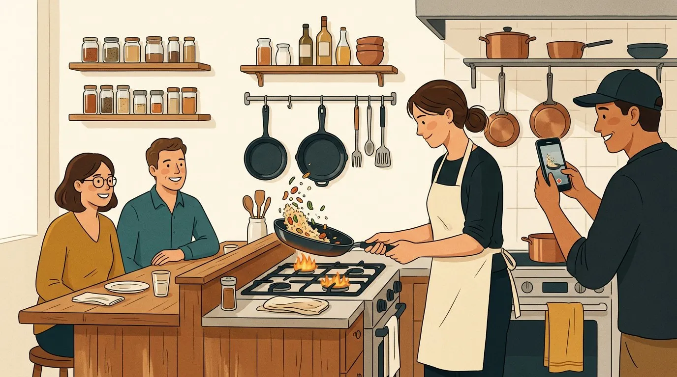 A cook tosses food in a pan while a coworker films and two guests watch from the counter