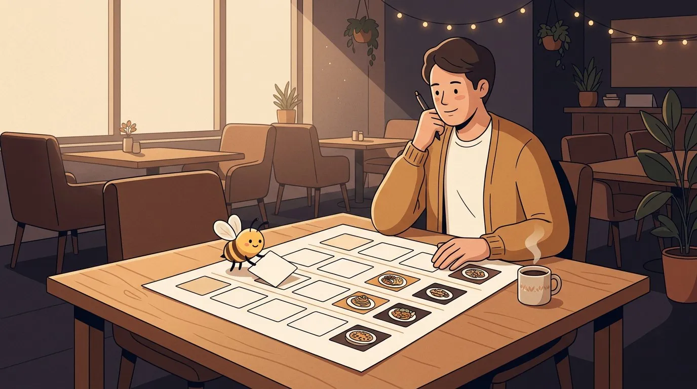 A restaurant owner plans four rows of post cards at a table after closing