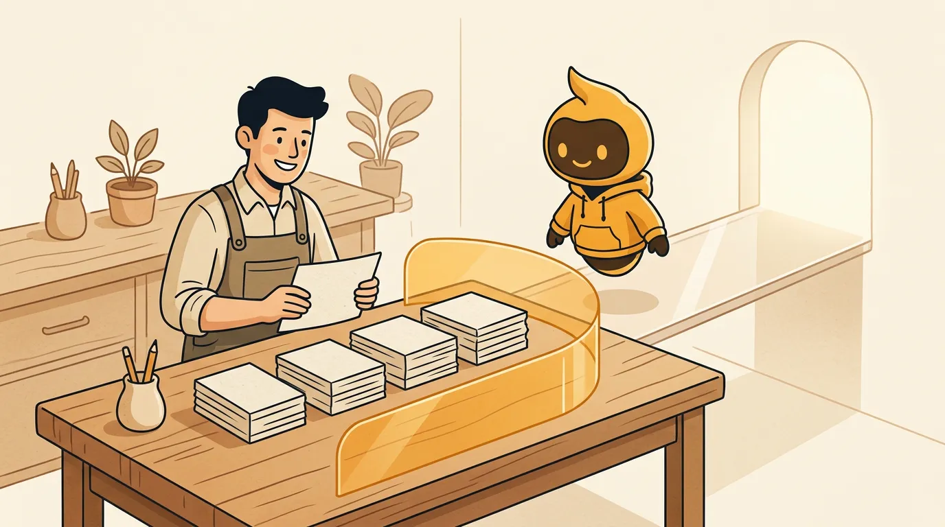 Small business owner reviewing a queue of social content at a clear human approval checkpoint