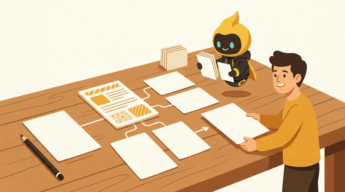 Business owner moving approved platform variants forward while one version stays beside a pencil for revision
