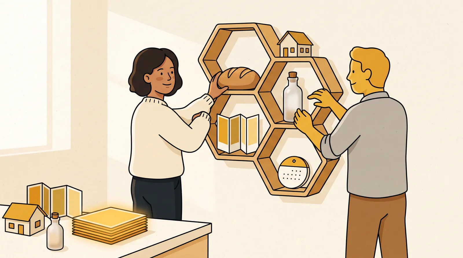Small business owner organizing reusable brand facts into a calm content knowledge library