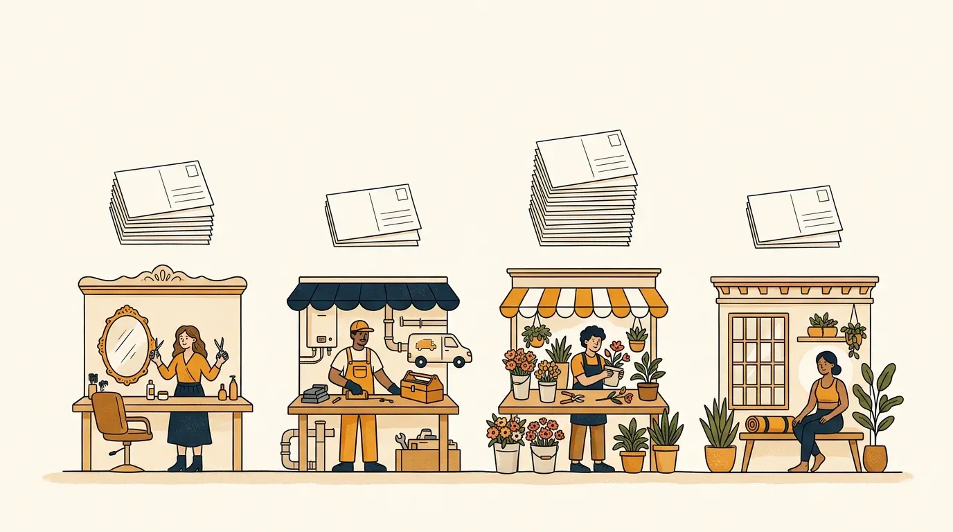 Four small business owners, a hair stylist, a heating technician, a florist and a yoga teacher, each at their own workbench under a stack of blank post cards of a different height