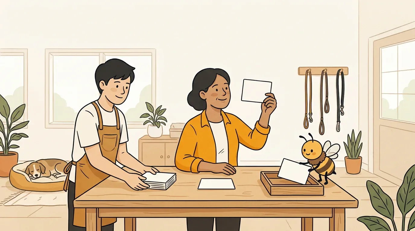 A dog daycare staff member slides a stack of blank post cards to the owner, who holds one up to review it while a small bee helper files an approved card into a wooden tray