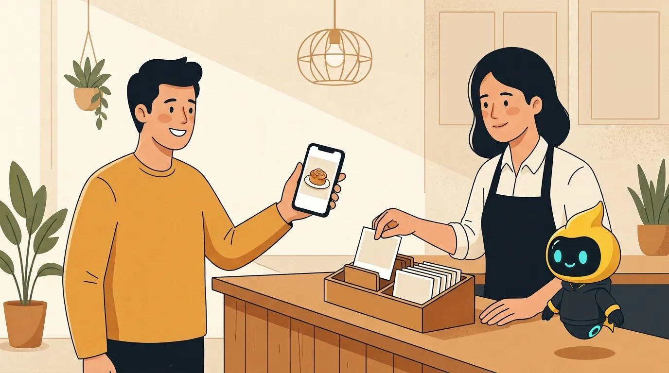 A customer shares an authentic product photo while a shop owner welcomes it into an organized content collection
