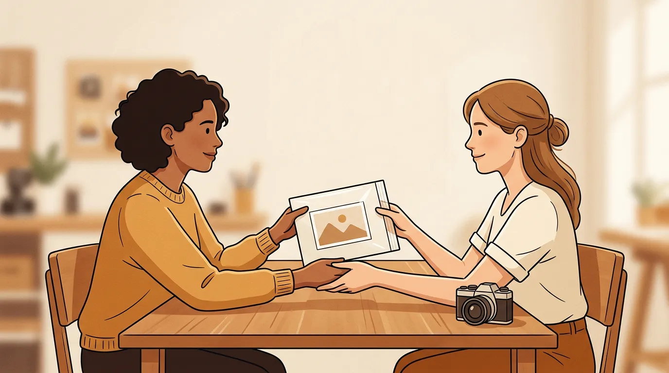 A creator and business owner confirming permission before placing a customer photo into a carefully organized campaign folder