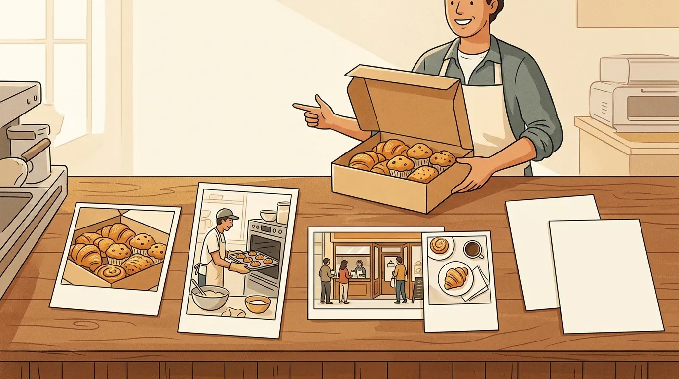 Bakery owner arranging a weekend pastry box into product, behind-the-scenes, storefront, and compact social content photos while leaving two sheets unused