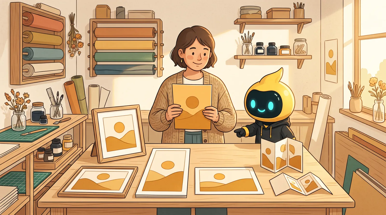 Small-business owner and Beevi mascot adapting one visual idea into square, portrait, landscape, and folded paper formats in a warm workshop.