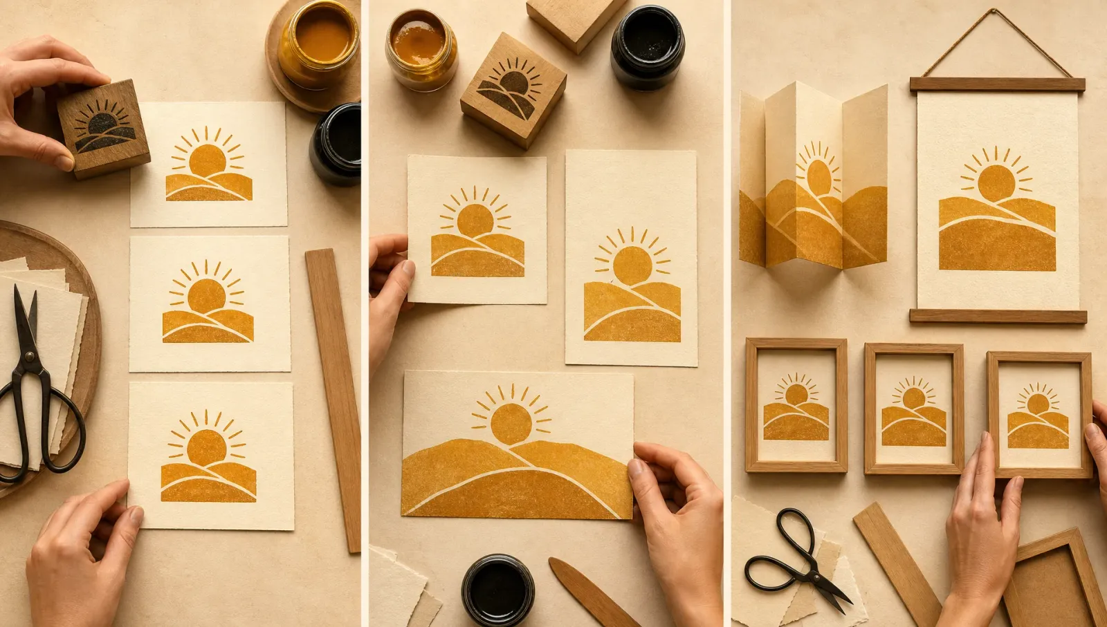 Three physical craft stages showing one social media idea repeated, adapted into new aspect ratios, and repurposed into new formats