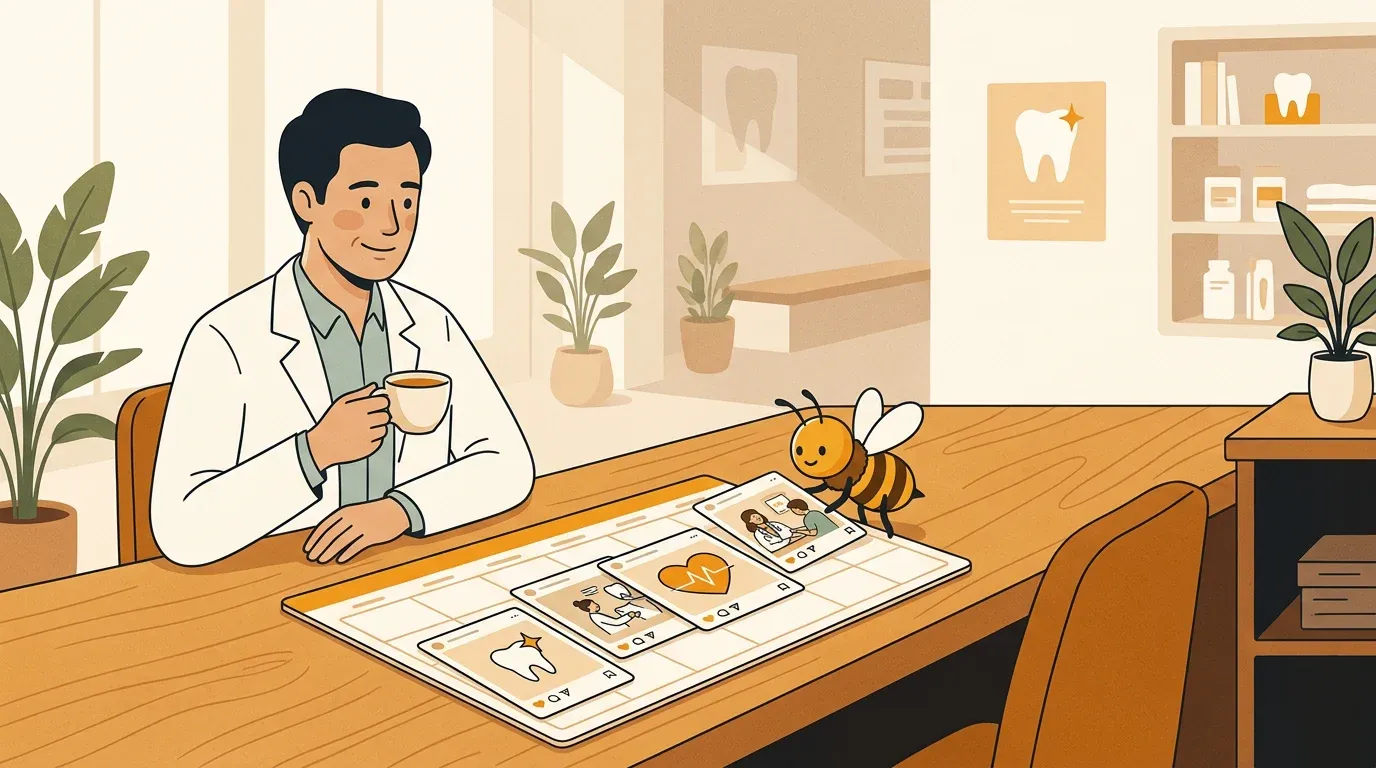 Warm editorial illustration of a friendly dentist at a wooden clinic desk reviewing a weekly calendar of illustrated social post cards with a small bee helper