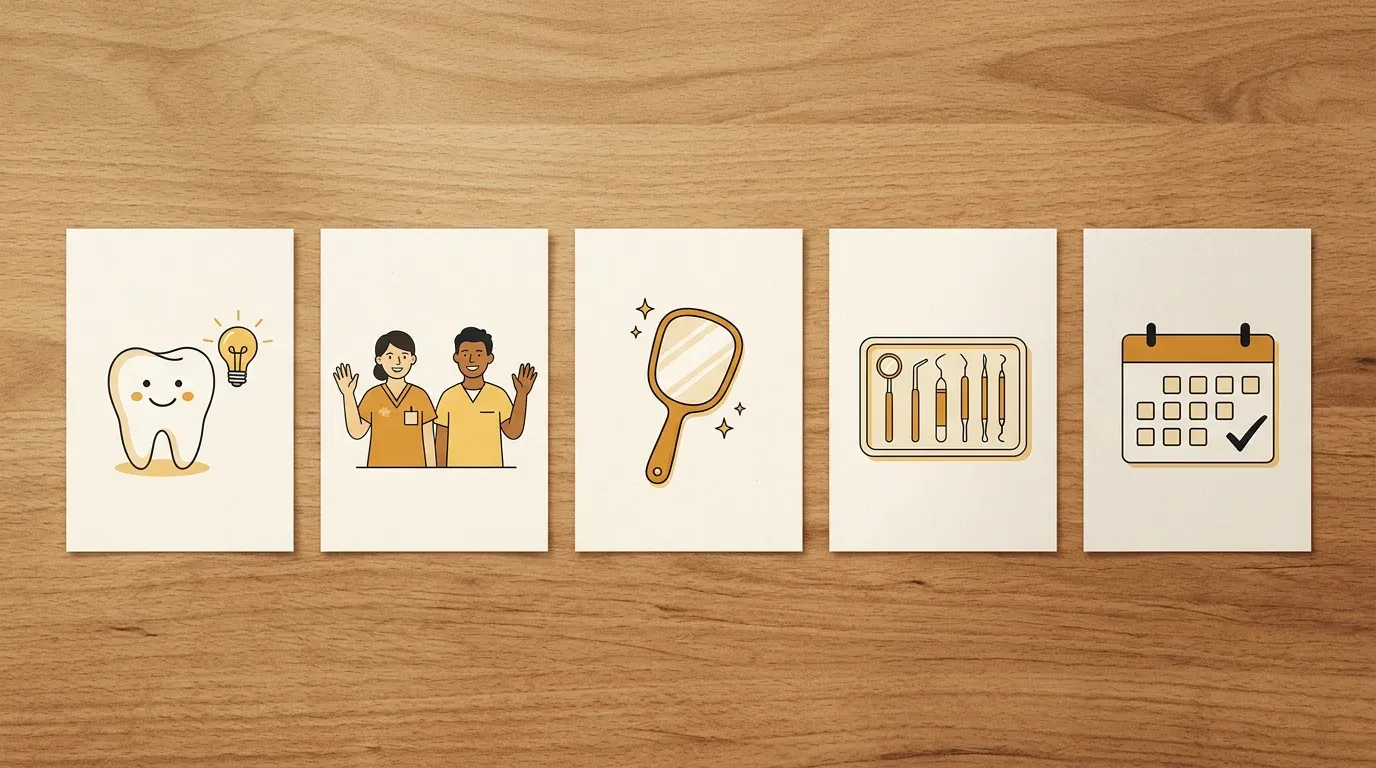 Five illustrated cards on a wooden desk showing the five clinic social media buckets: patient questions, clinic team, smile results, clean instruments, and a calendar checkmark