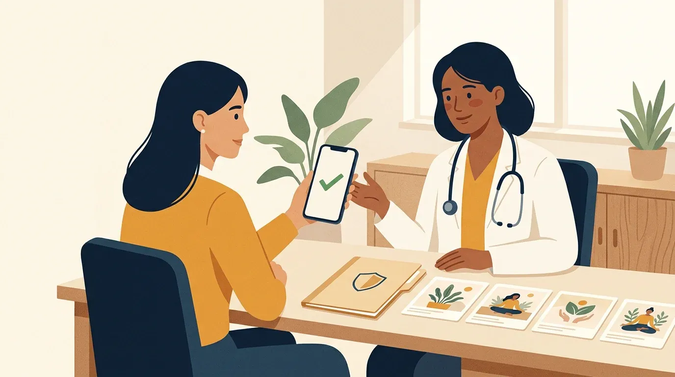 Clinic office manager holding a smartphone with a green approval checkmark beside a doctor and a privacy shield folder
