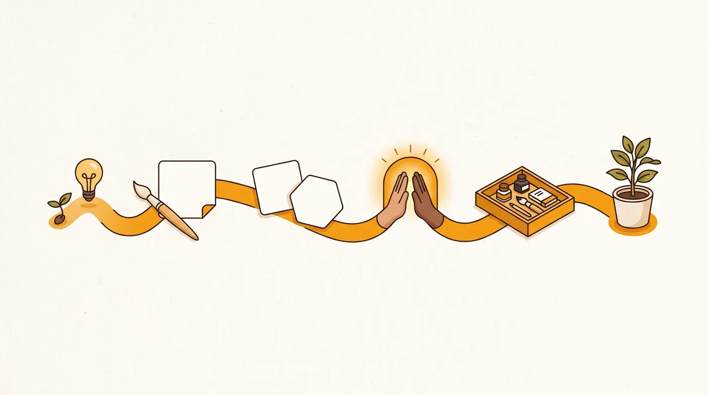 Six-stage social media workflow shown as a practical creative workshop