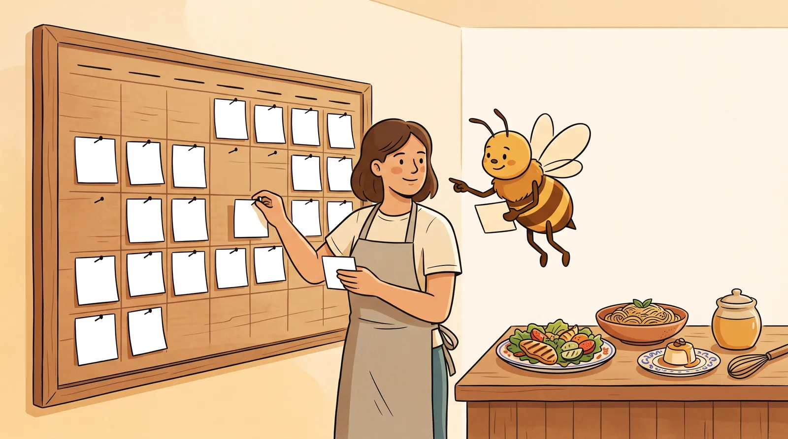 Restaurant manager planning a 30-day social calendar beside plated specials on a warm wooden workshop desk with a bee helper