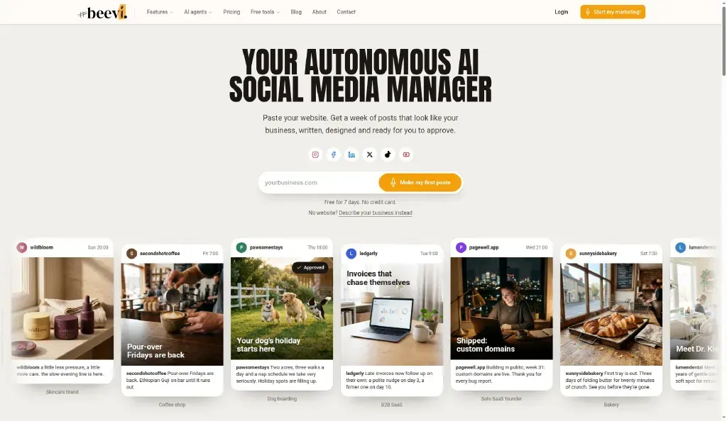 Beevi homepage showing a week of sample posts written and designed for a skincare brand, a coffee shop, a dog boarding business and a bakery, with one post marked Approved