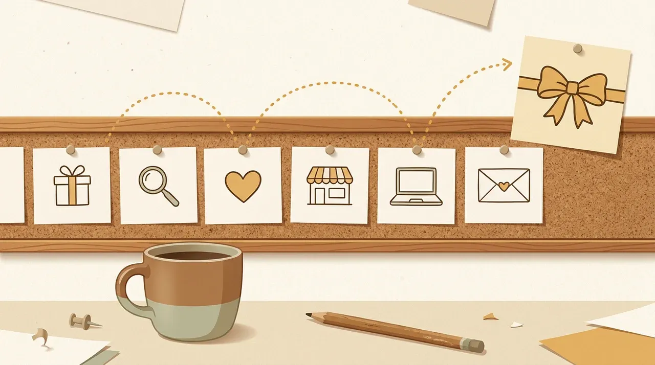 Illustrated planning board with a row of pinned cards for each Black Friday post, from teaser to thank-you, linked by a dotted line to a gift card