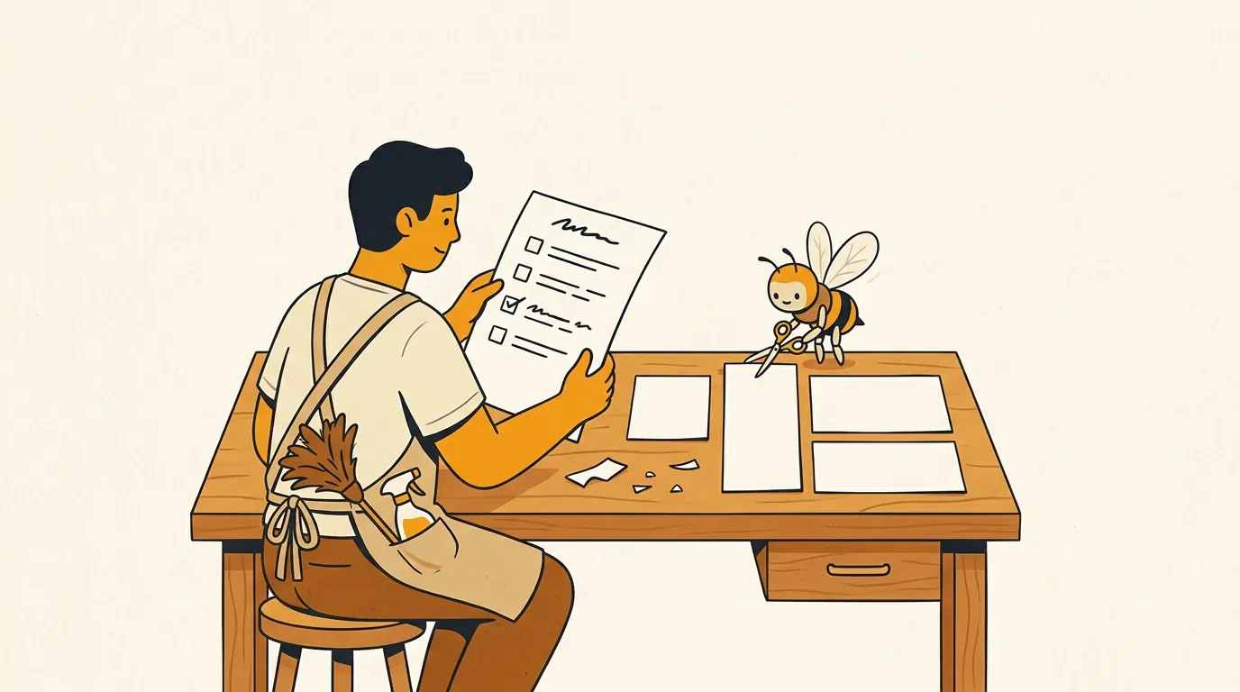 Workshop-style illustration of a cleaning business owner reading a paper checklist while a friendly bee helper cuts paper into smaller cards of different shapes on a wooden desk