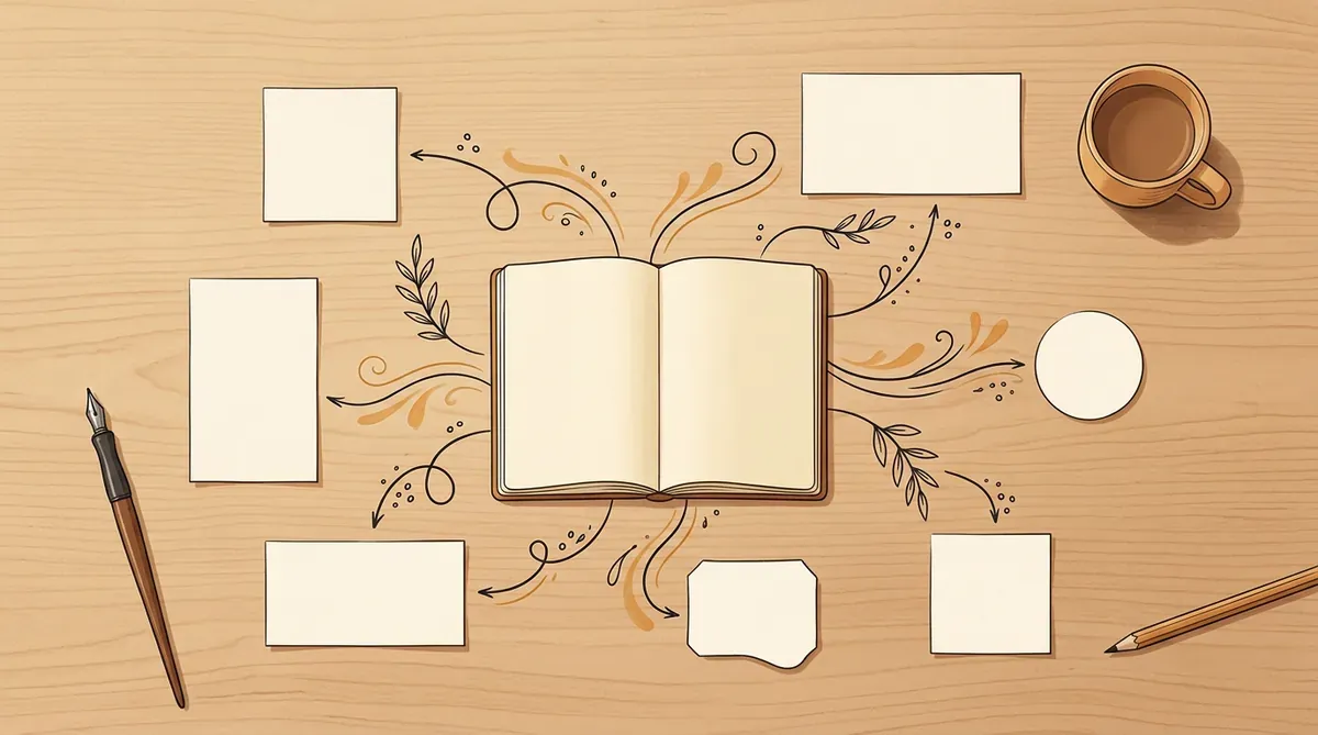 Top-down view of an open notebook on a wooden table with ink lines flowing out to six blank cards of different shapes, showing one idea becoming many post formats