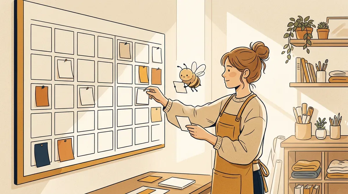 A shop owner pinning blank cards onto a large wall calendar, spacing them out over several weeks while a friendly bee helper hands her the next card