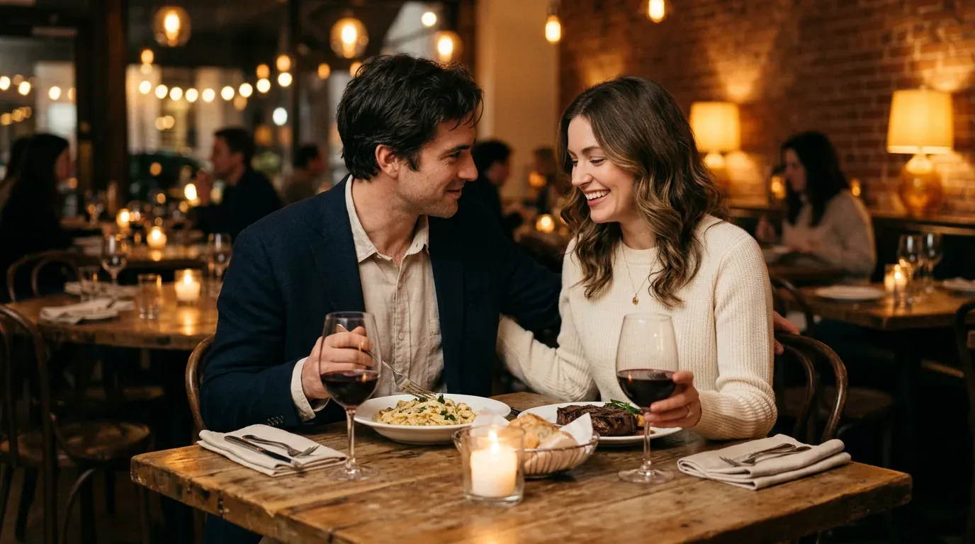 Romantic couple at a warmly lit restaurant table with wine and plated meals