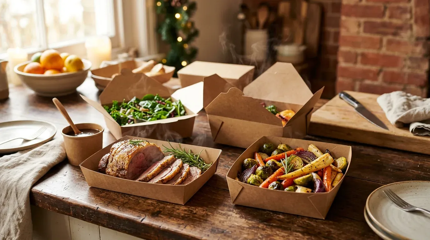 Holiday feast trays and takeout boxes with roasted sides on a wooden counter