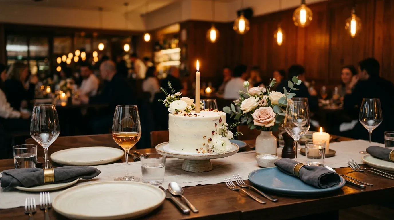 Birthday dessert table with a small cake, candle, and warm restaurant lighting