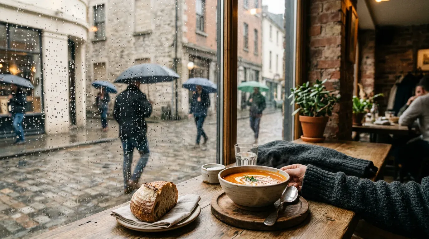 Cozy rainy day lunch by a restaurant window with soup and soft gray light