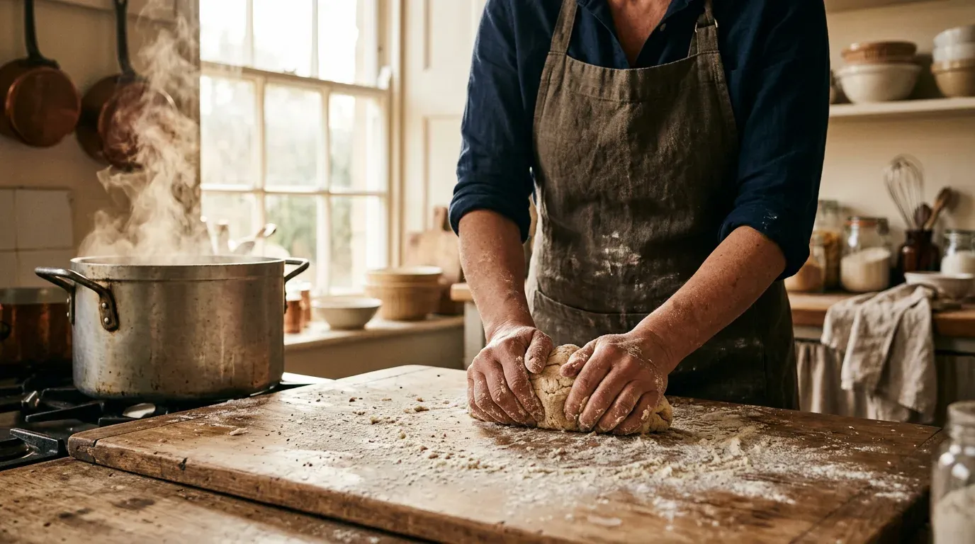 Chef hands kneading dough in a quiet morning kitchen with soft side light