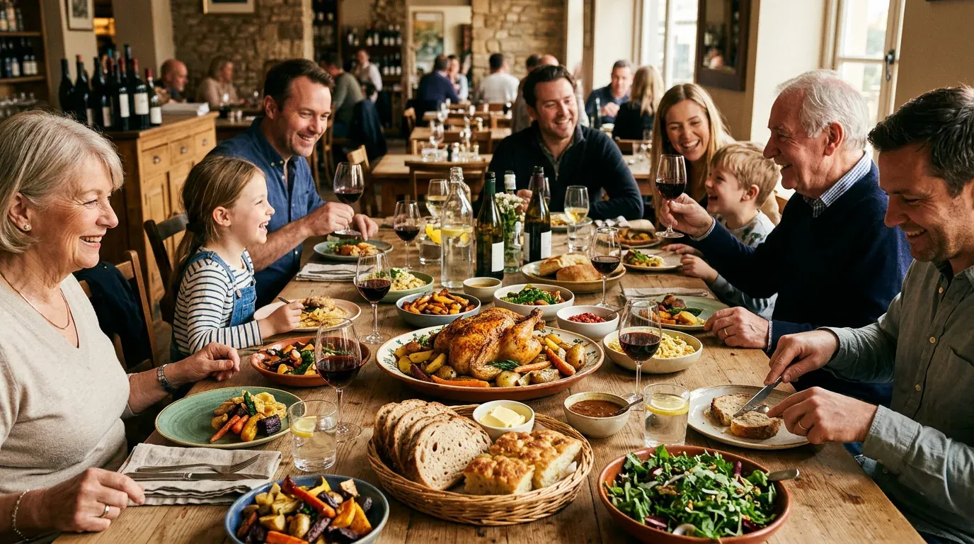 Sunday family feast with a shared roast platter and bread on a long table