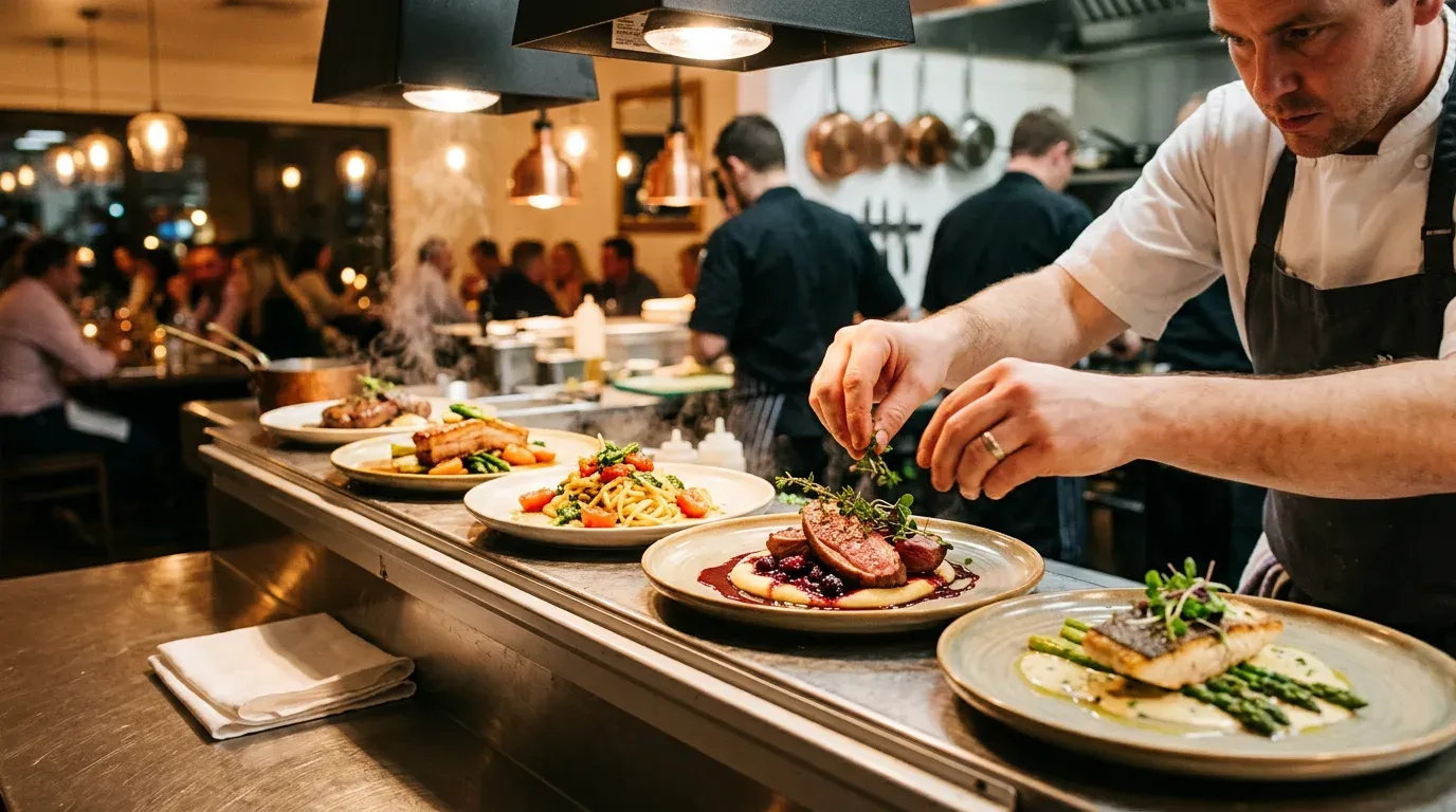 Busy restaurant pass with plated dishes and a cook finishing herbs