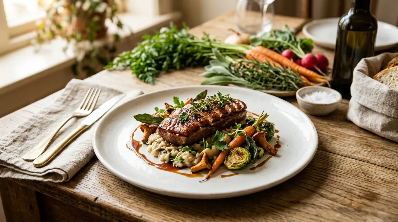 Seasonal special plated with fresh produce and herbs on a clean table