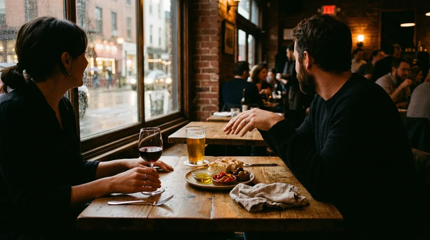 Neighborhood regulars at a favorite restaurant table with drinks and warm light