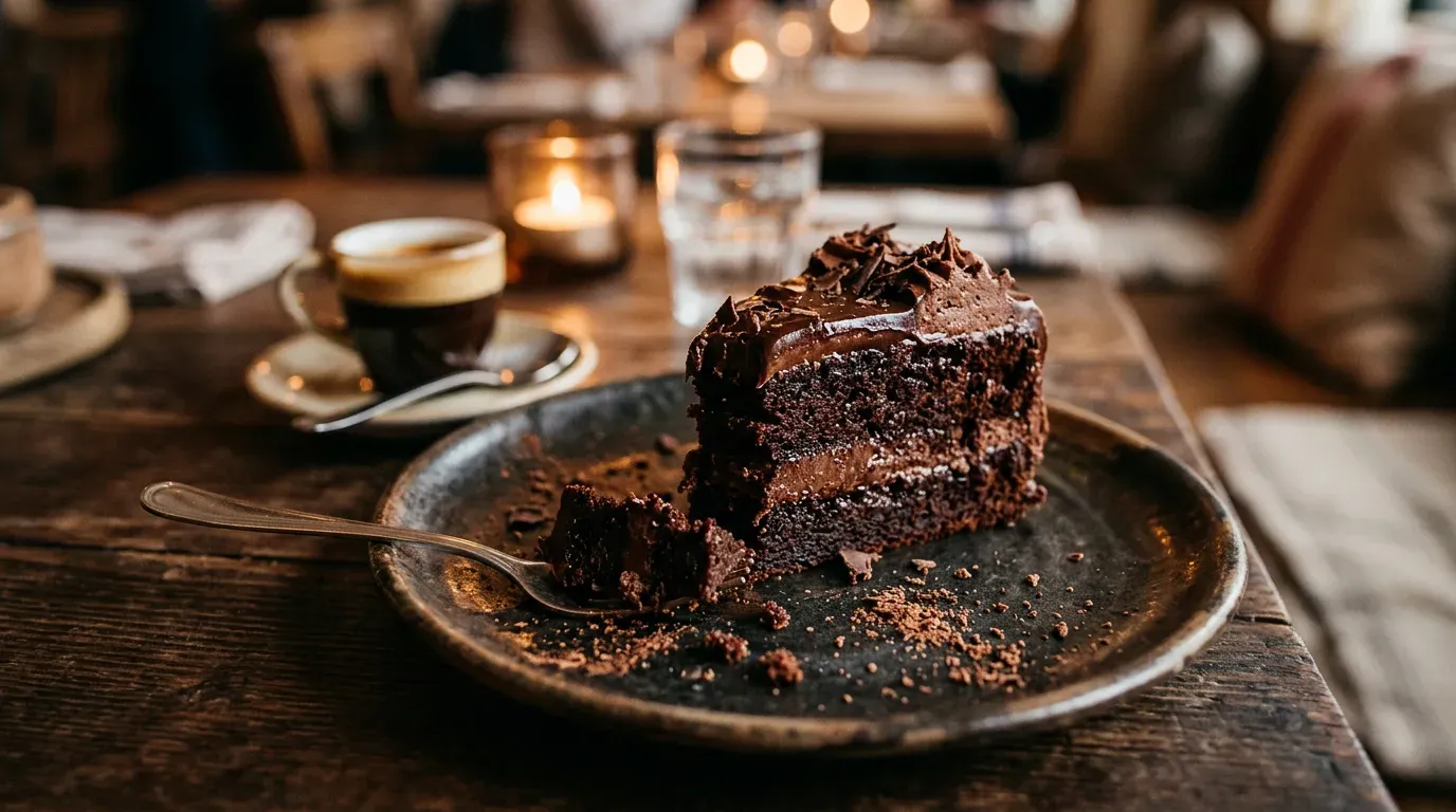 Indulgent chocolate dessert slice with a fork bite on a warmly lit plate