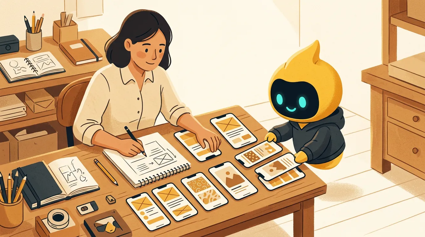 Workshop-style illustration of a small-business owner planning Instagram content with a friendly helper arranging phone frames
