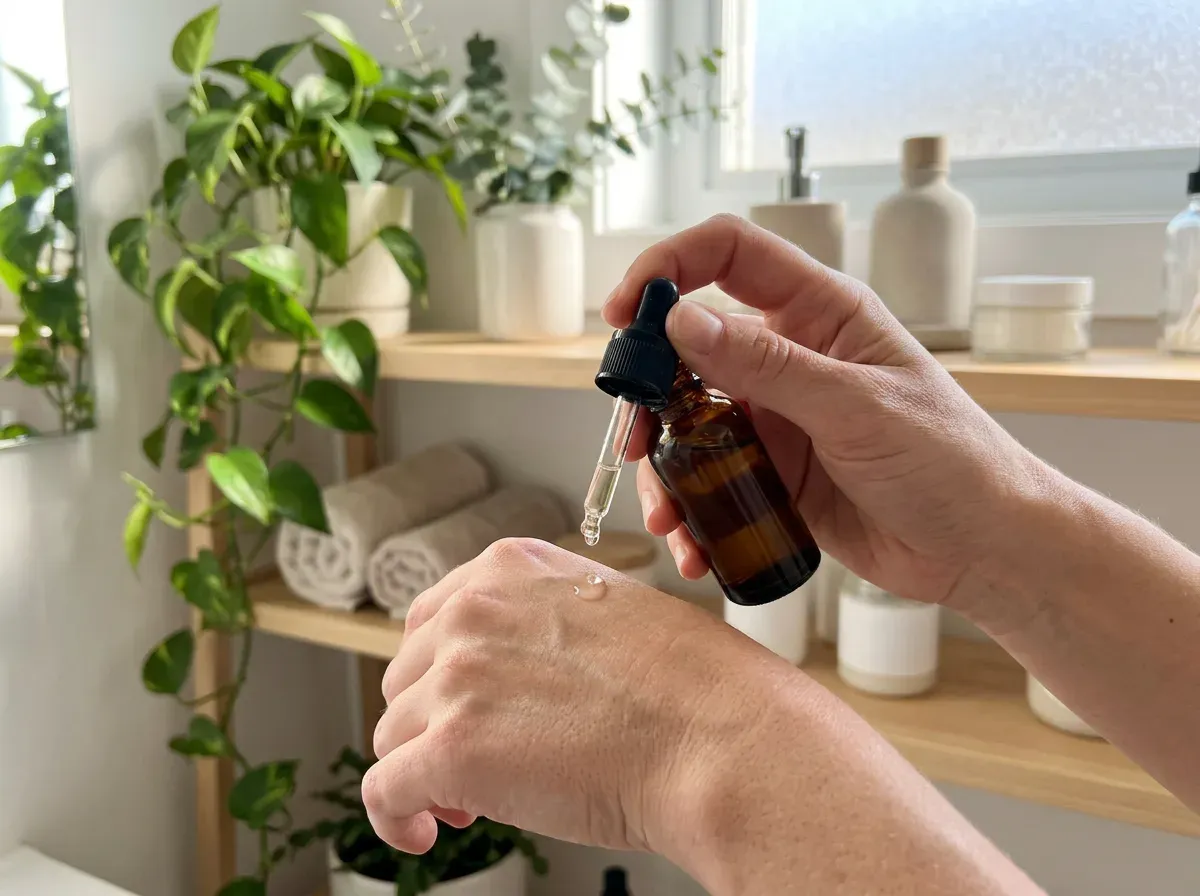 A hand applying a drop of facial serum from an unlabeled amber dropper bottle in a bright bathroom with plants