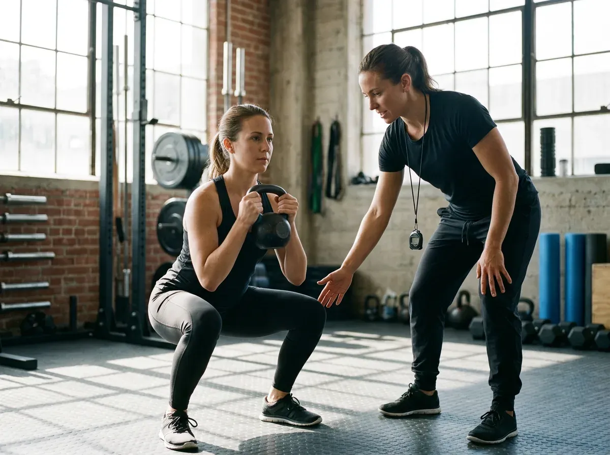 A personal trainer correcting a client's goblet squat form with a kettlebell in a bright small gym