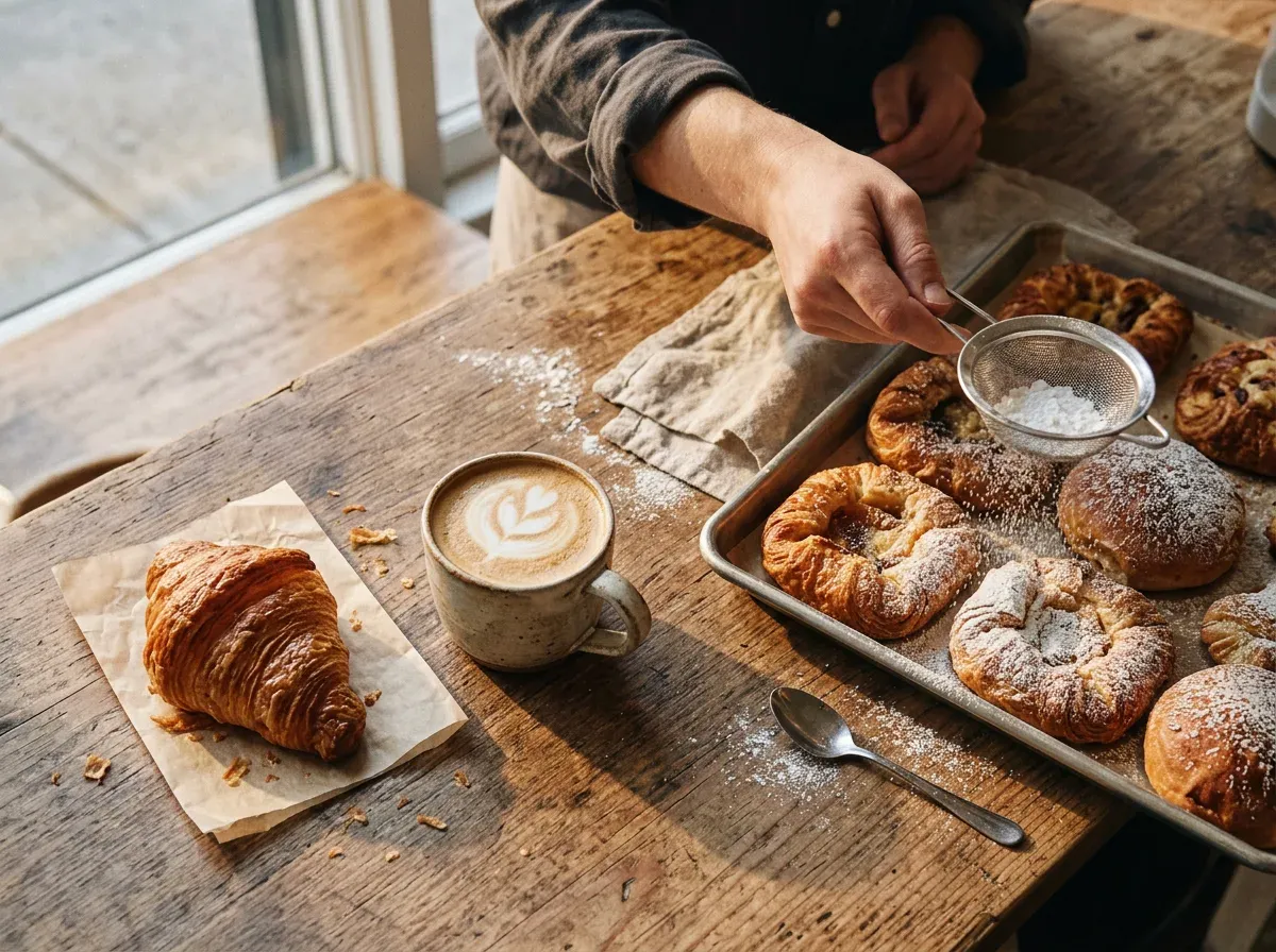 Overhead photo of a croissant, a latte with latte art and a hand dusting sugar over pastries on a wooden cafe counter in morning light